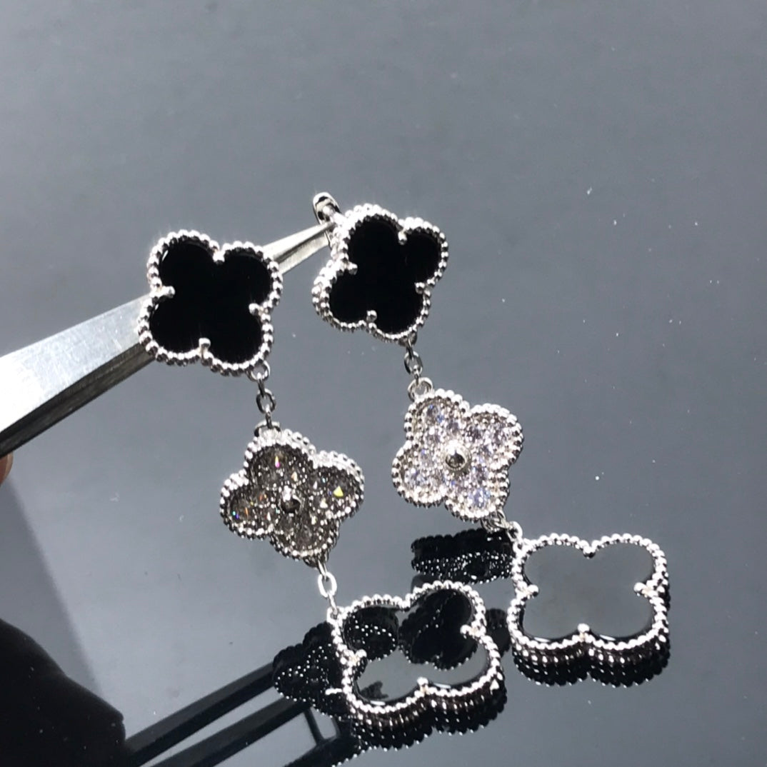 ¡®Lume Jewelry¡¯CLOVER 3 MOTIF DIAMOND ONYX SILVER EARRINGS