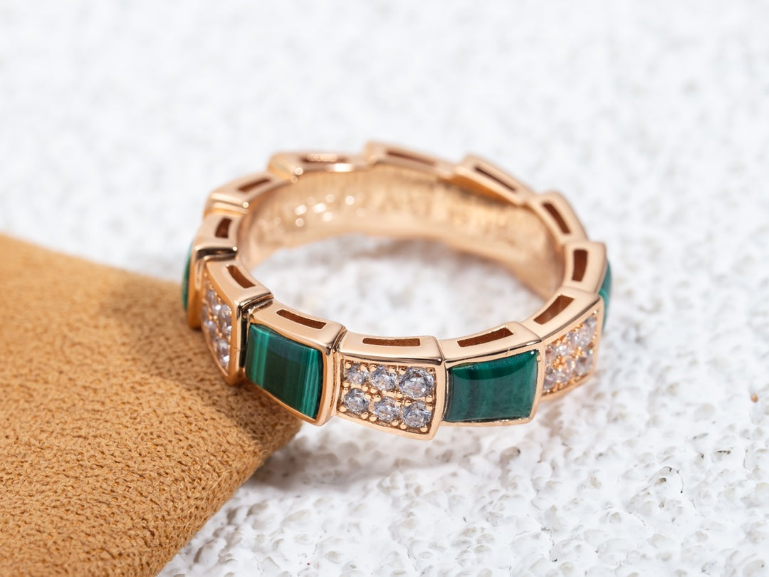 [Lume Jewelry]SERPENTI RING PINK GOLD MALACHITE DIAMOND PAVED 4MM
