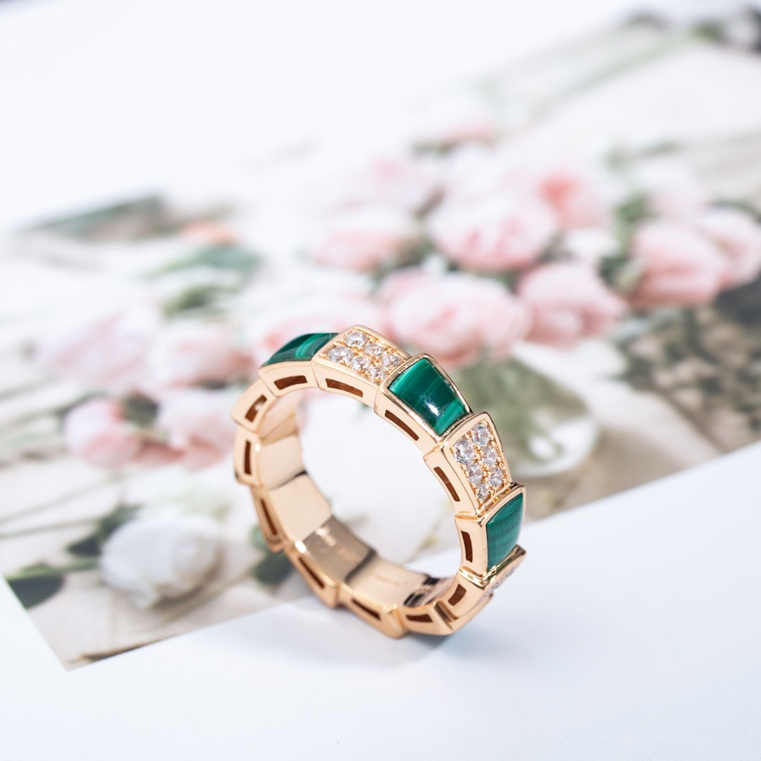 [Lume Jewelry]SERPENTI RING PINK GOLD MALACHITE DIAMOND PAVED 4MM