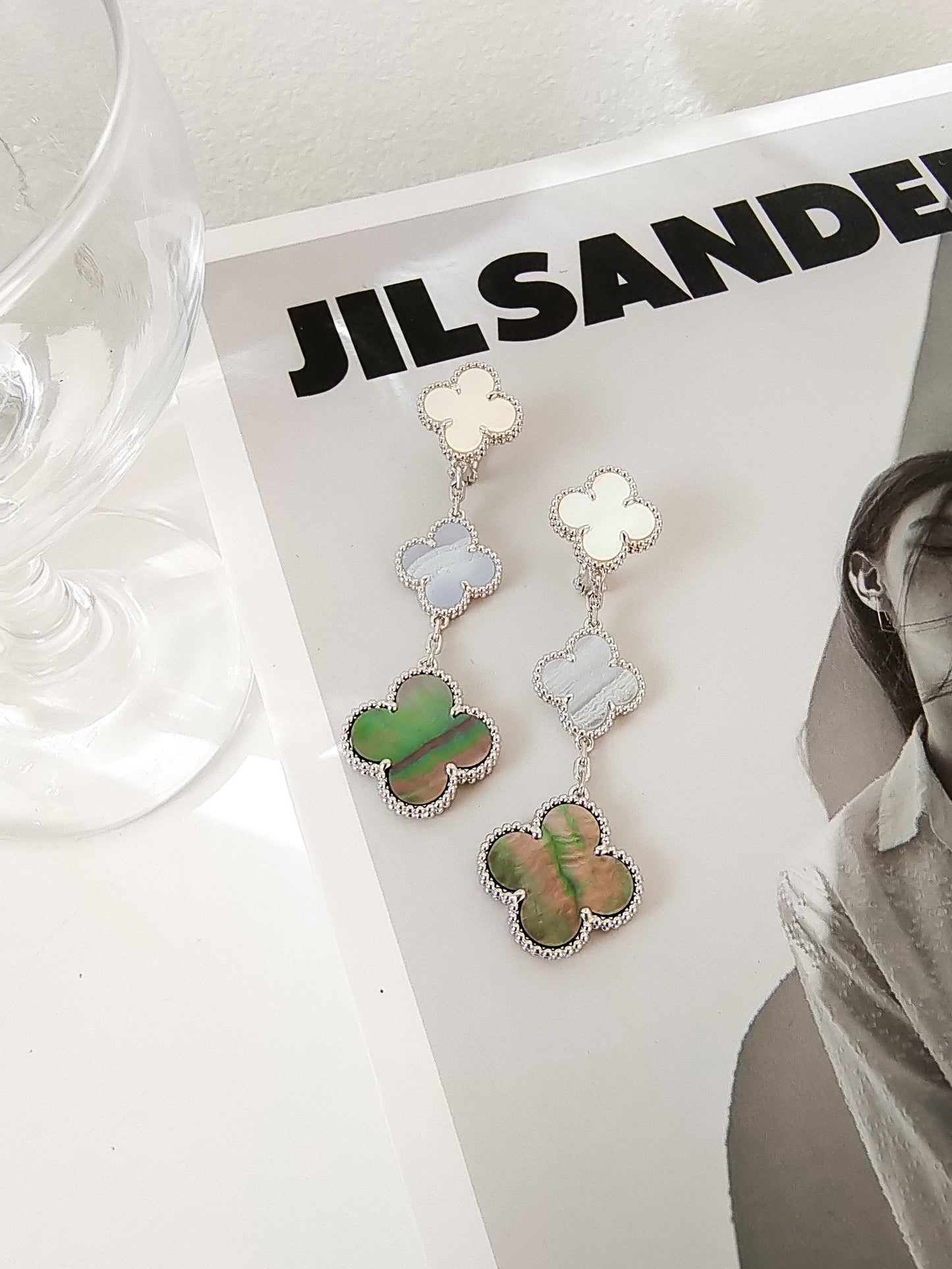 ¡®Lume Jewelry¡¯CLOVER 3 MOTIFS CHALCEDONY DARK MOP SILVER EARRINGS