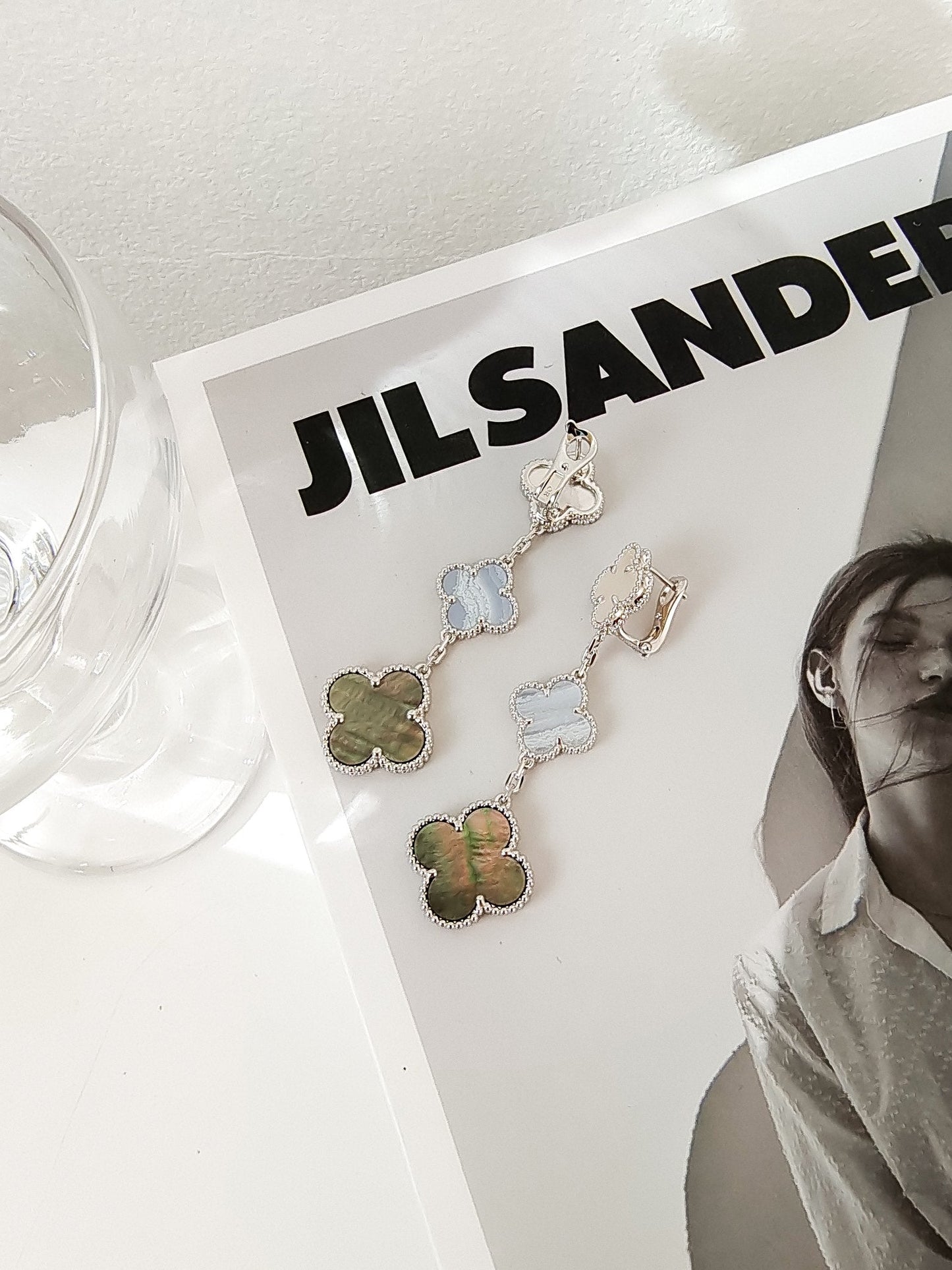¡®Lume Jewelry¡¯CLOVER 3 MOTIFS CHALCEDONY DARK MOP SILVER EARRINGS