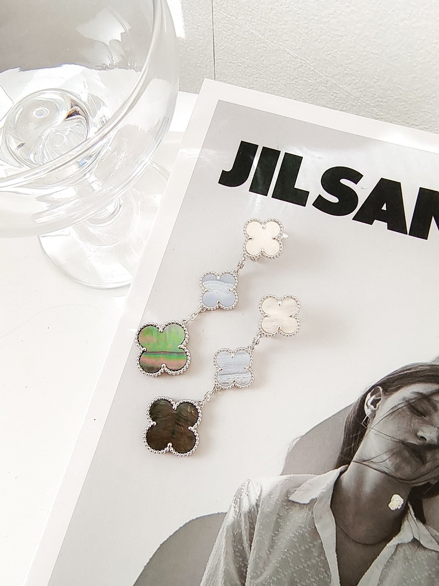 ¡®Lume Jewelry¡¯CLOVER 3 MOTIFS CHALCEDONY DARK MOP SILVER EARRINGS
