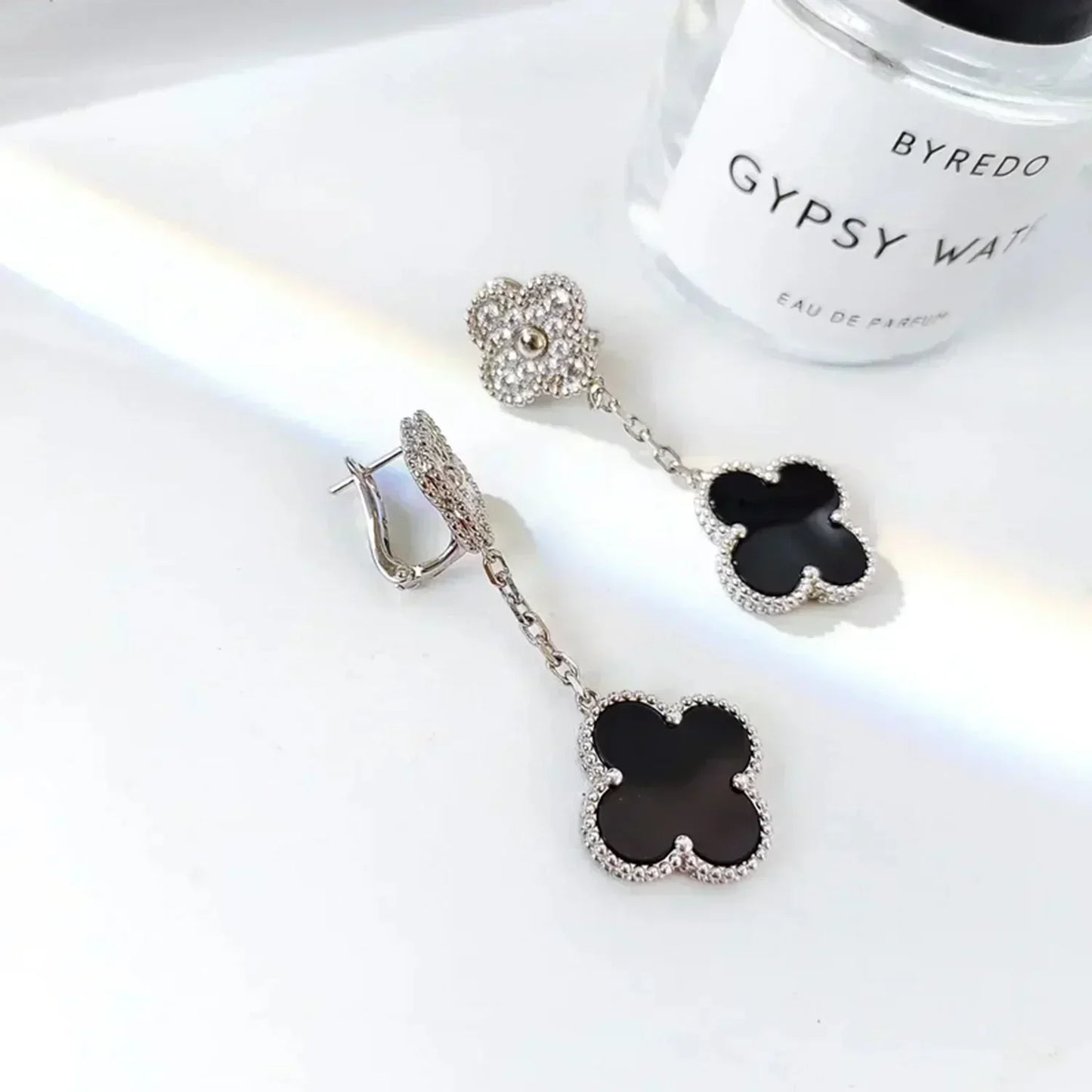 ¡®Lume Jewelry¡¯CLOVER 2 MOTIFS  DIAMOND ONYX EARRINGS SILVER