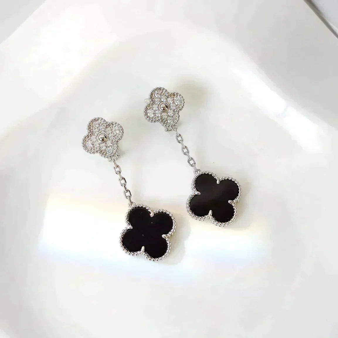 ¡®Lume Jewelry¡¯CLOVER 2 MOTIFS  DIAMOND ONYX EARRINGS SILVER