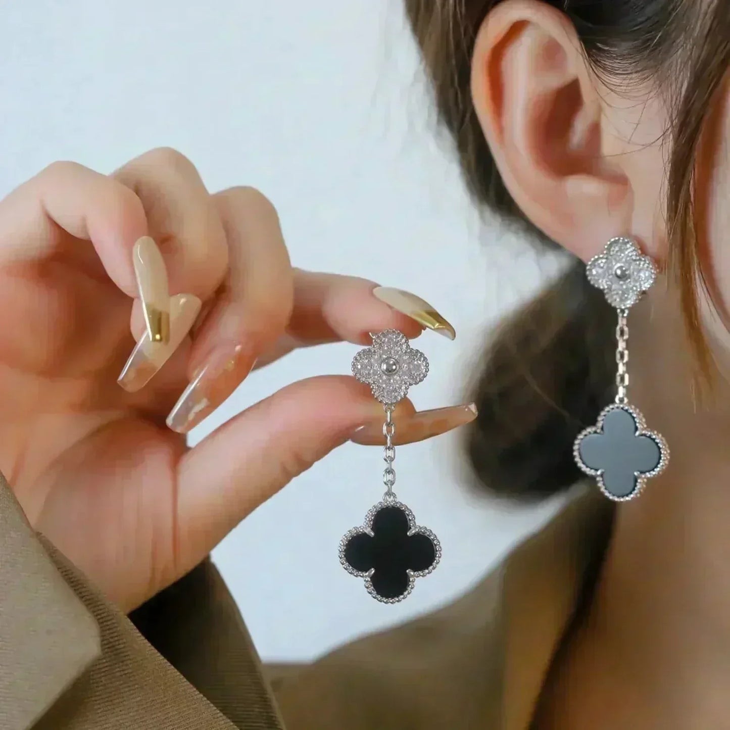 ¡®Lume Jewelry¡¯CLOVER 2 MOTIFS  DIAMOND ONYX EARRINGS SILVER