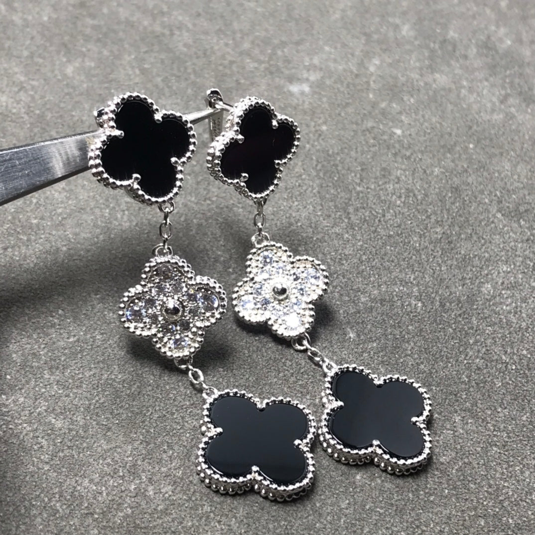 ¡®Lume Jewelry¡¯CLOVER 3 MOTIF DIAMOND ONYX SILVER EARRINGS