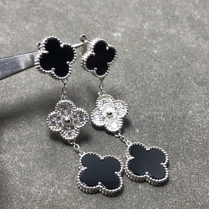 ¡®Lume Jewelry¡¯CLOVER 3 MOTIF DIAMOND ONYX SILVER EARRINGS