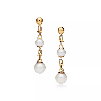 [Lume Jewelry]TRIPLE DROP LINK EARRINGS GOLD WITH FRESHWATER PEARLS