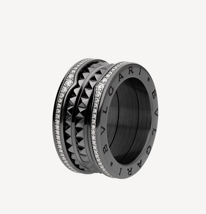 [Lume Jewelry]ZERO 1 ROCK FOUR-BAND BLACK CERAMIC WITH STUDDED SPIRAL AND PAVED DIAMONDS RING