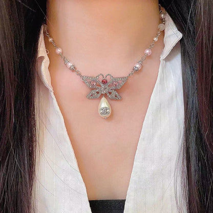 [Lume Jewelry] Bow & Pearl Double C Pavé Diamond Necklace