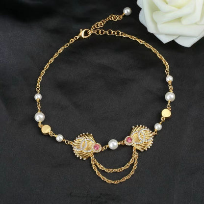 [Lume Jewelry]Vintage Fan Motif Double CC Crystal & Pearl Necklace