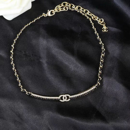 [Lume Jewelry]Black Leather Interwoven Crystal CC Choker Necklace