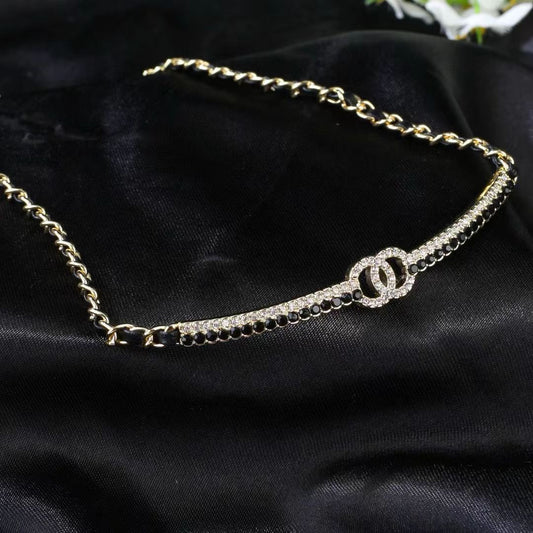 [Lume Jewelry]Black Leather Interwoven Crystal CC Choker Necklace