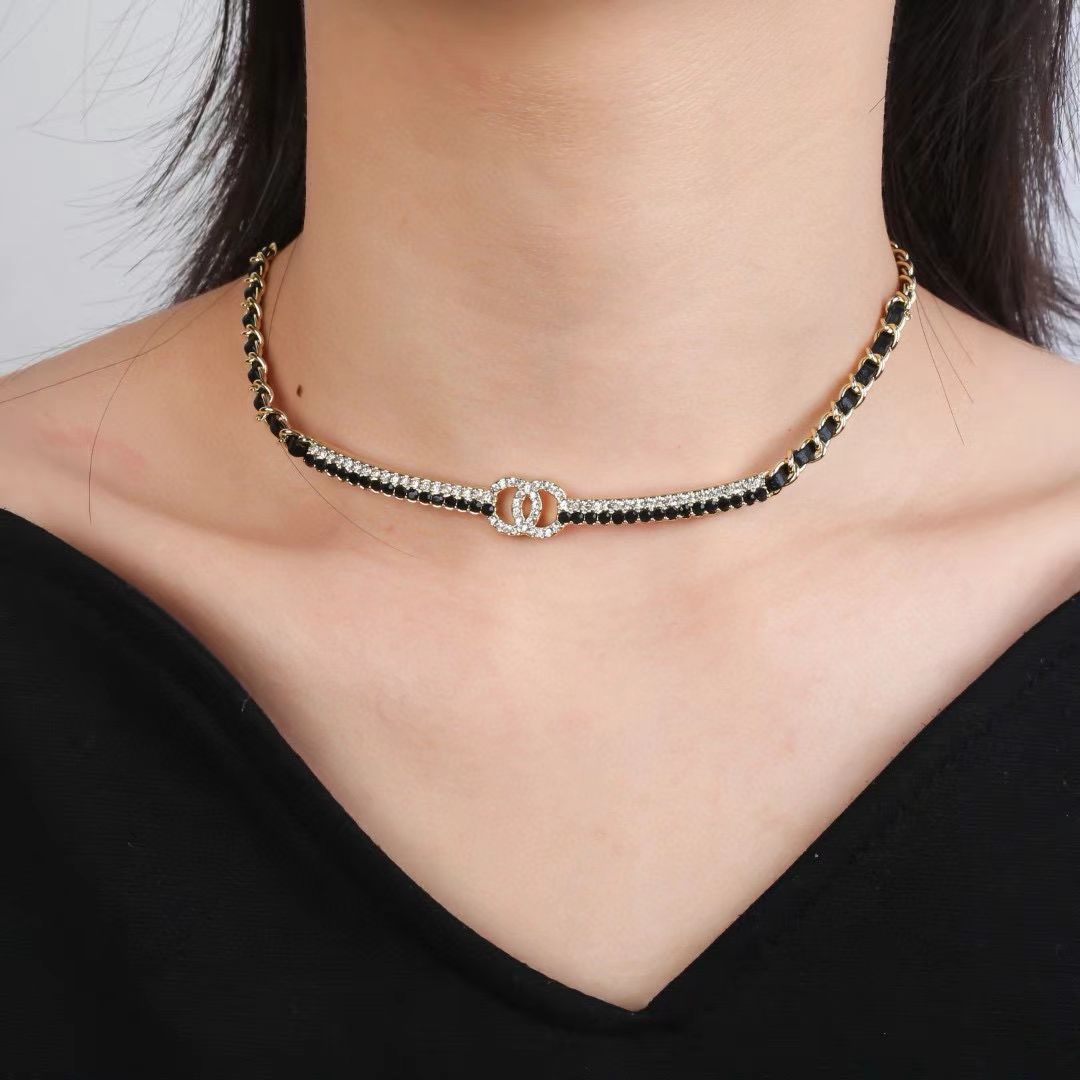 [Lume Jewelry]Black Leather Interwoven Crystal CC Choker Necklace