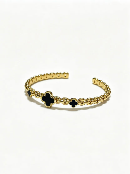 ¡®Lume Jewelry¡¯Vintage Alhambra 3‑Flower Open Cuff, Black Onyx Gold‑Tone Chain Bangle