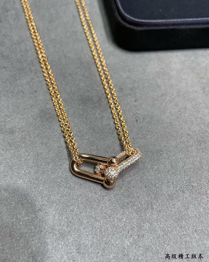 [Lume Jewelry]T House Diamond-Set Double Chain Link Pendant Necklace