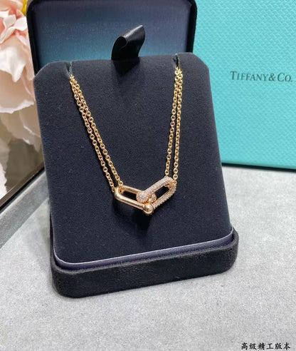 [Lume Jewelry]T House Diamond-Set Double Chain Link Pendant Necklace
