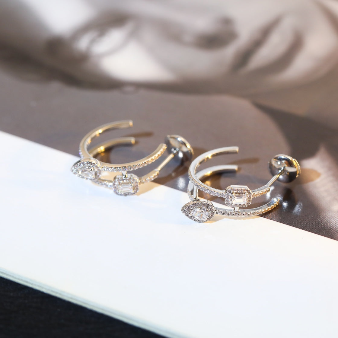 [Lume Jewelry]CREOLES MY TWIN 2 RANGS SILVER DIAMOND EARRINGS