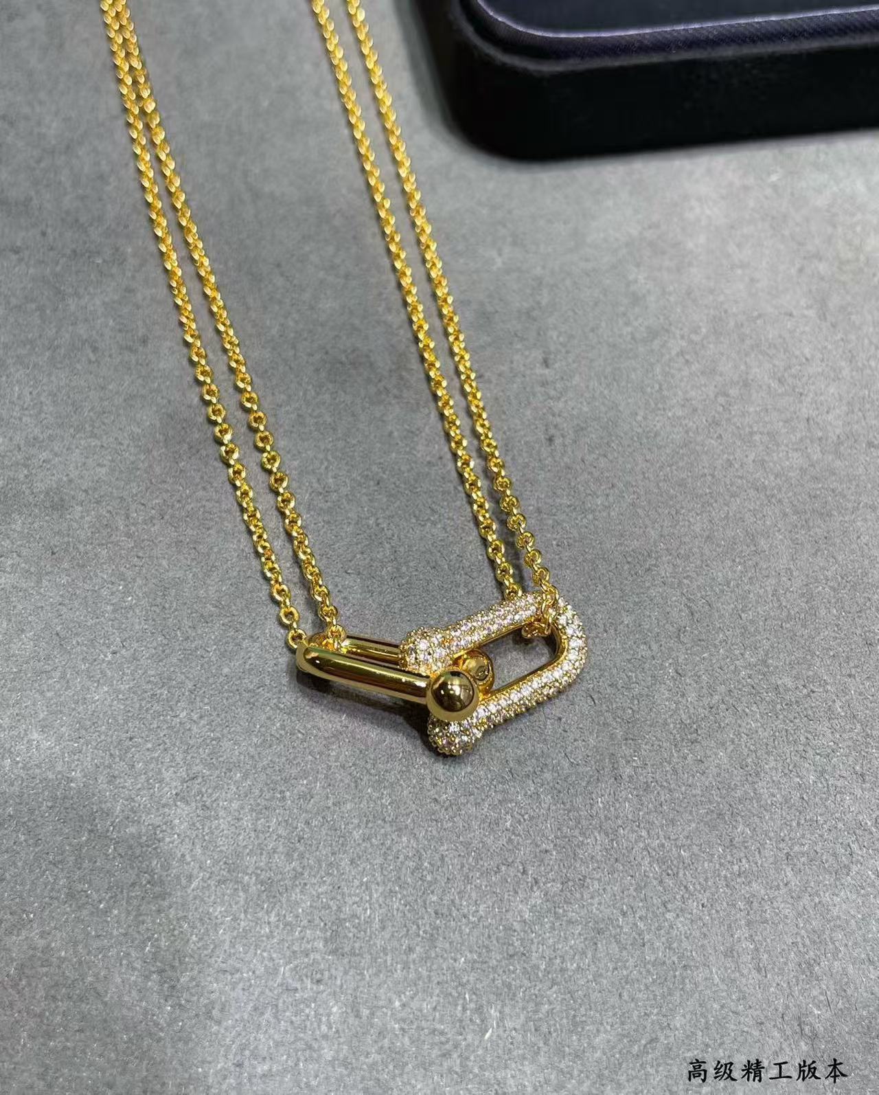 [Lume Jewelry]T House Diamond-Set Double Chain Link Pendant Necklace
