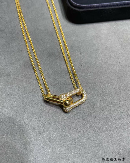 [Lume Jewelry]T House Diamond-Set Double Chain Link Pendant Necklace