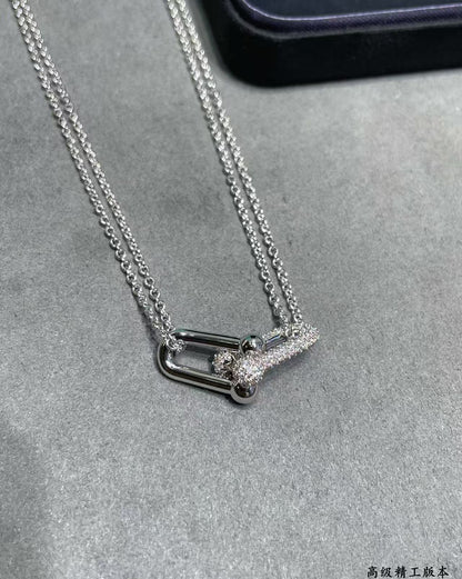 [Lume Jewelry]T House Diamond-Set Double Chain Link Pendant Necklace