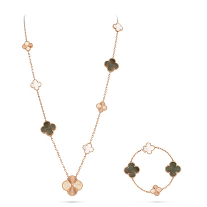 [Lume Jewelry]DETACHABLE CLOVER 15(11+4) FLOWER ROSE GOLD NECKLACE SET