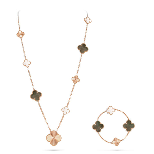 [Lume Jewelry]DETACHABLE CLOVER 15(11+4) FLOWER ROSE GOLD NECKLACE SET