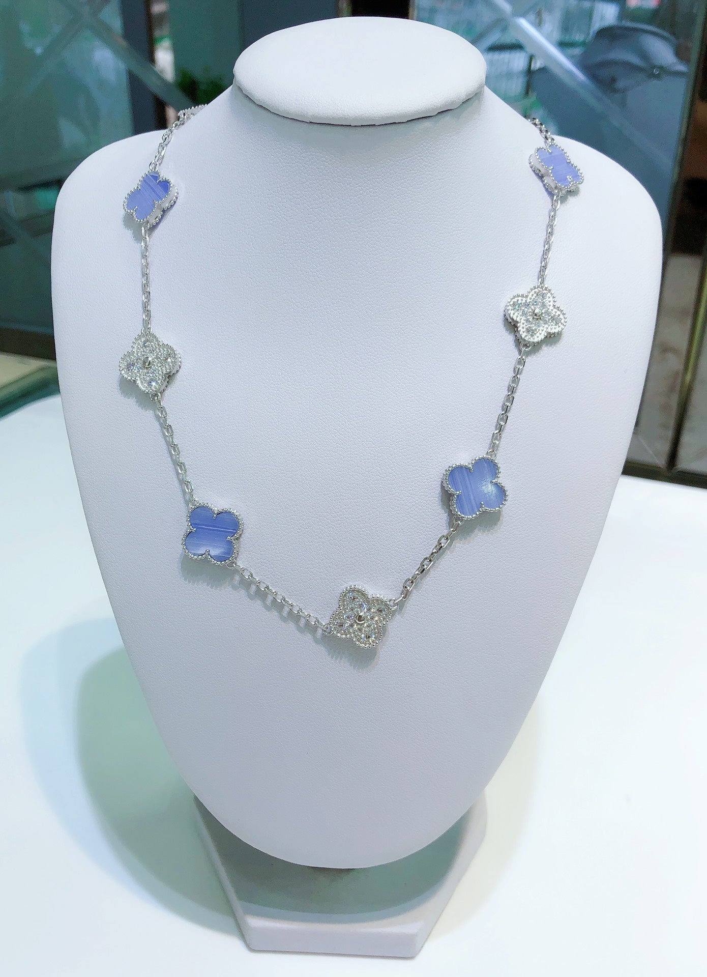¡®Lume Jewelry¡¯CLOVER 10 MOTIFS CHALCEDONY DIAMONDS SILVER NECKLACE