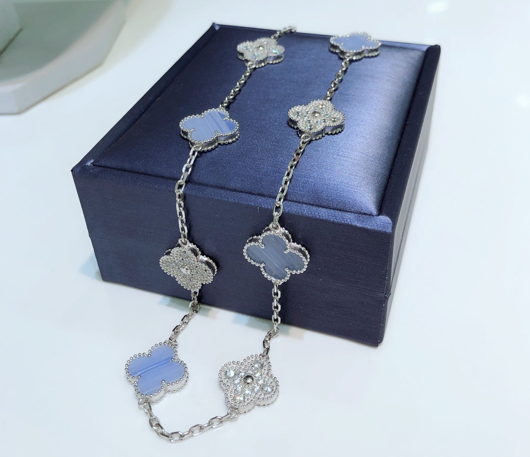 ¡®Lume Jewelry¡¯CLOVER 10 MOTIFS CHALCEDONY DIAMONDS SILVER NECKLACE