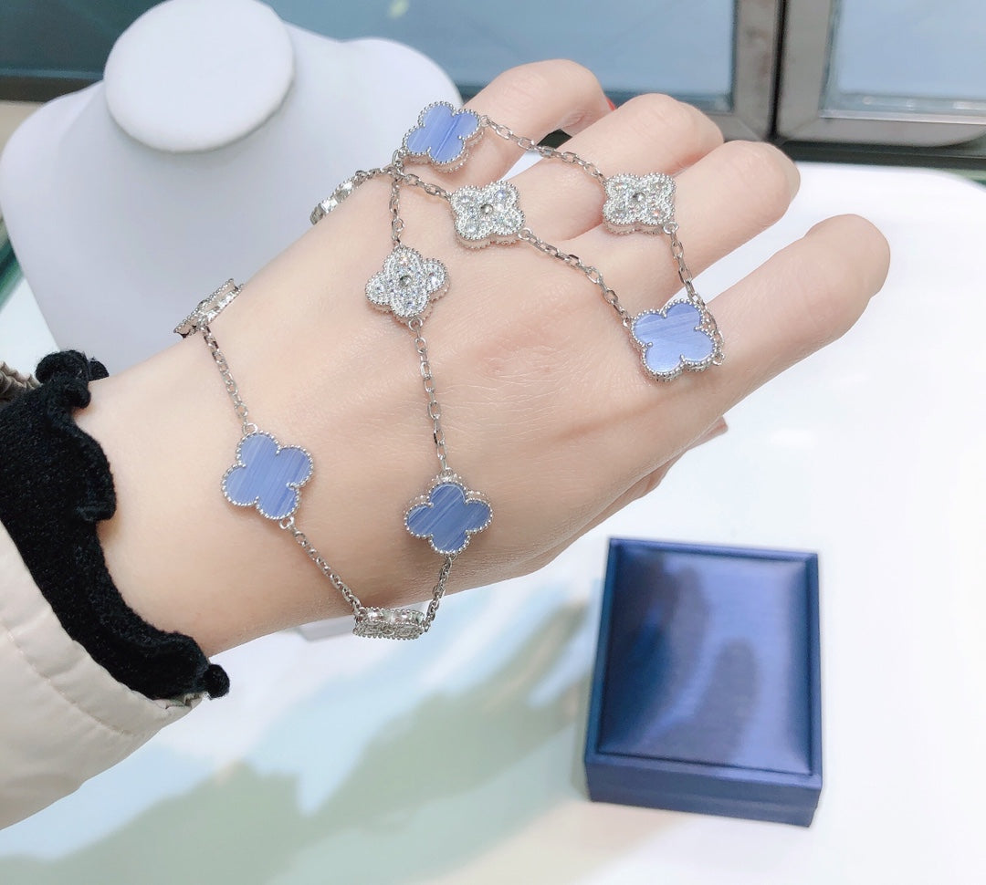 ¡®Lume Jewelry¡¯CLOVER 10 MOTIFS CHALCEDONY DIAMONDS SILVER NECKLACE